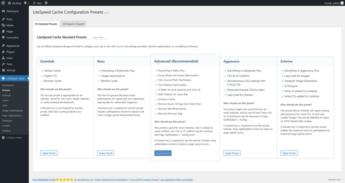 LiteSpeed Cache for WordPress: Enhance Your Site Speed and Performance, Preset Configurations