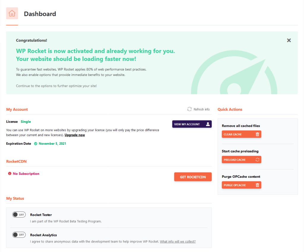 Optimize Website Speed with WP Rocket, Dashboard