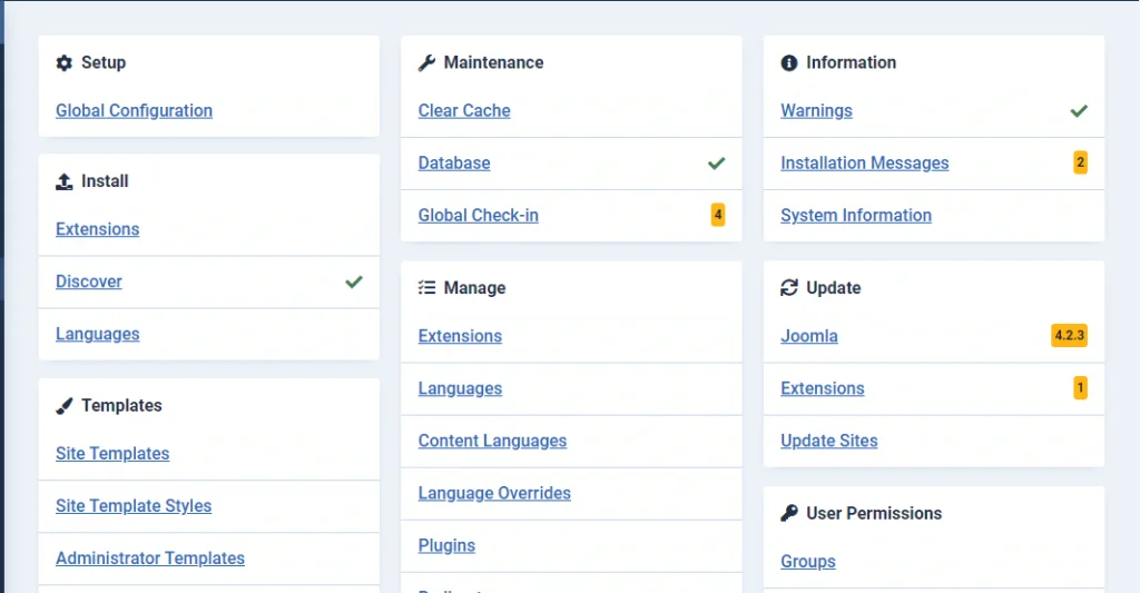 Introduction to the Joomla Dashboard, System