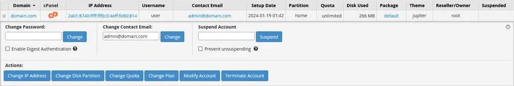 What is WHM (Web Host Manager)?, Managing cPanel accounts 2